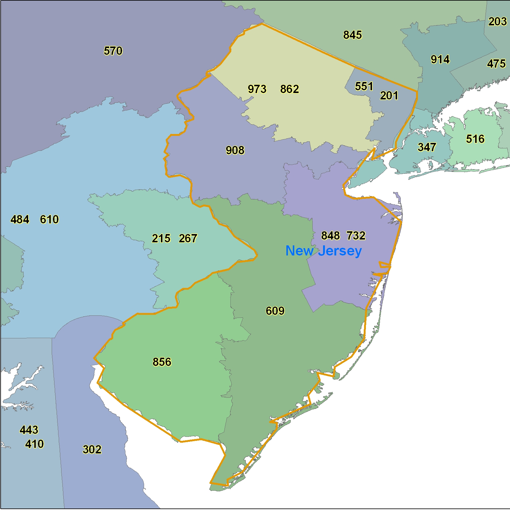 New Jersey (NJ) Area Code Map